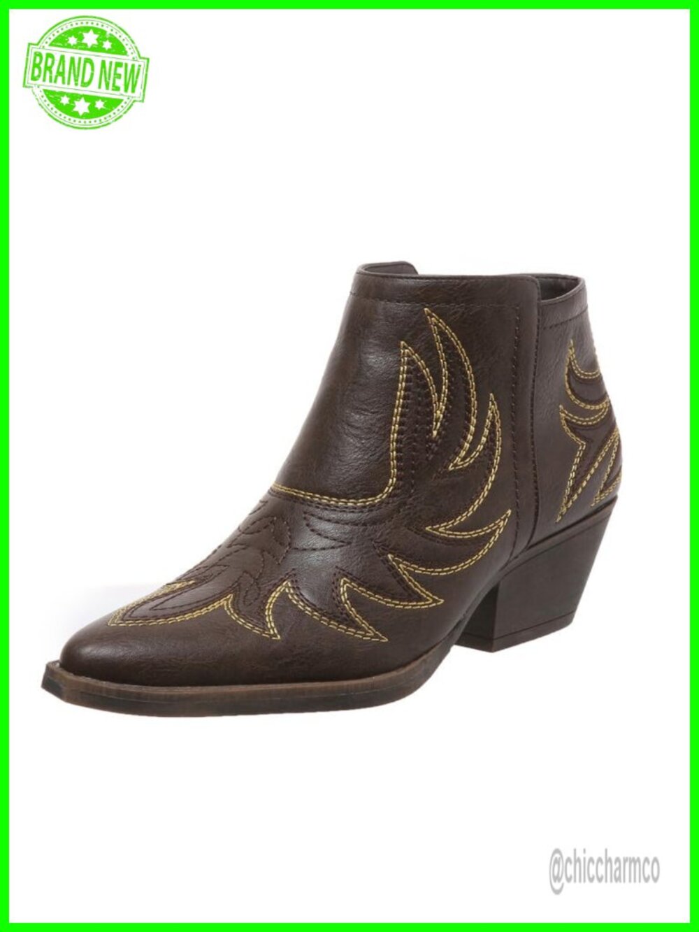 Faux Leather Western Ankle Boots Pointy Toe Block Heel Pull-On